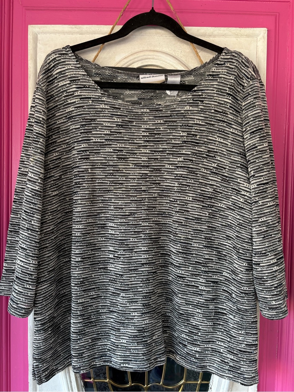 Alfred Dunner Black & White Striped Textured Knit Scoop Neck Sweater